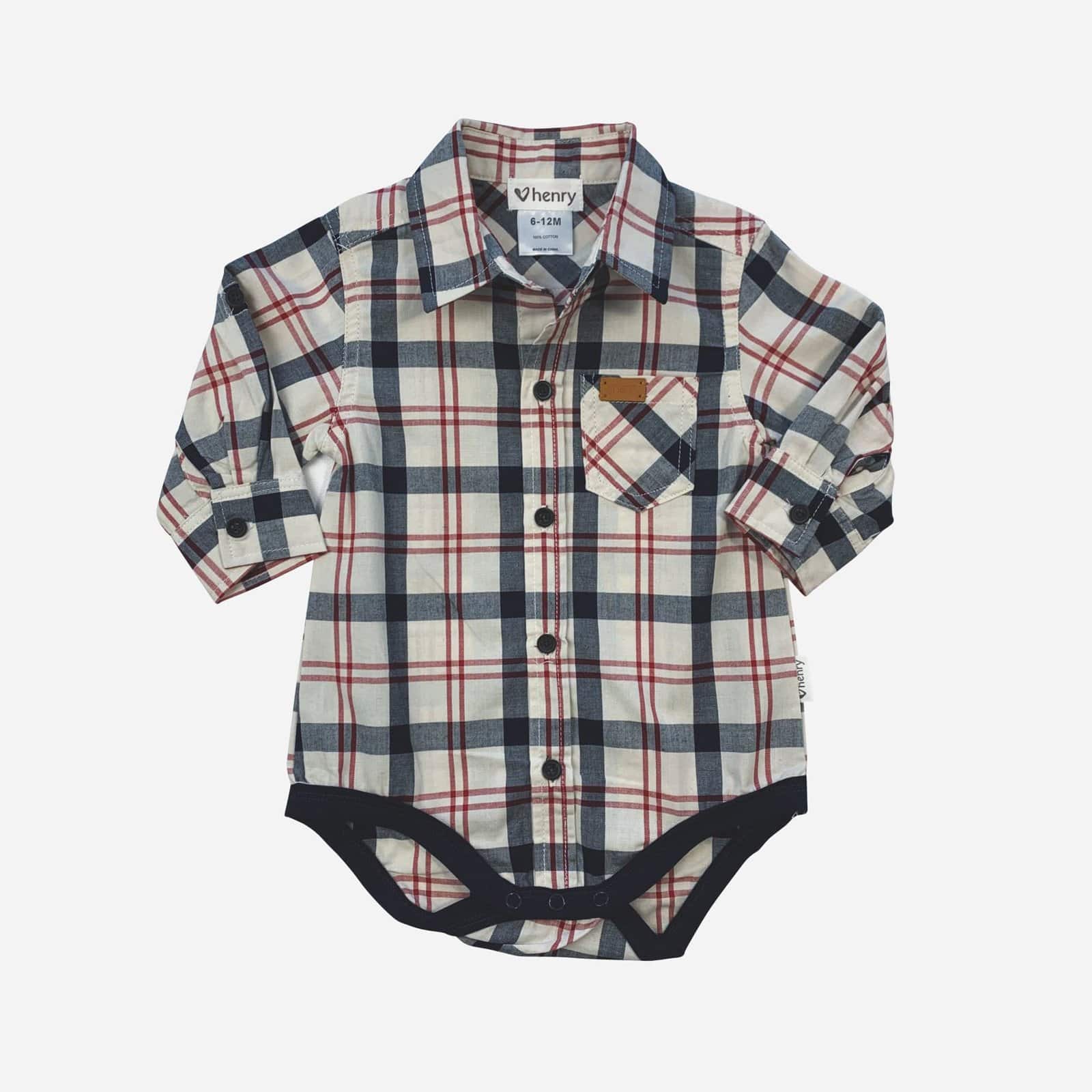 Love Henry Rompers Baby Boys Dress Shirt Romper - Cream / Navy / Red Plaid