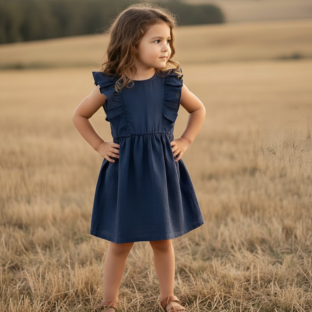 Girls Florence Summer Dress - Navy Linen