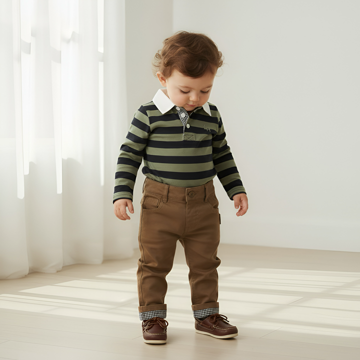 Baby Boys Freddie Polo Romper - Olive/Navy Stripe
