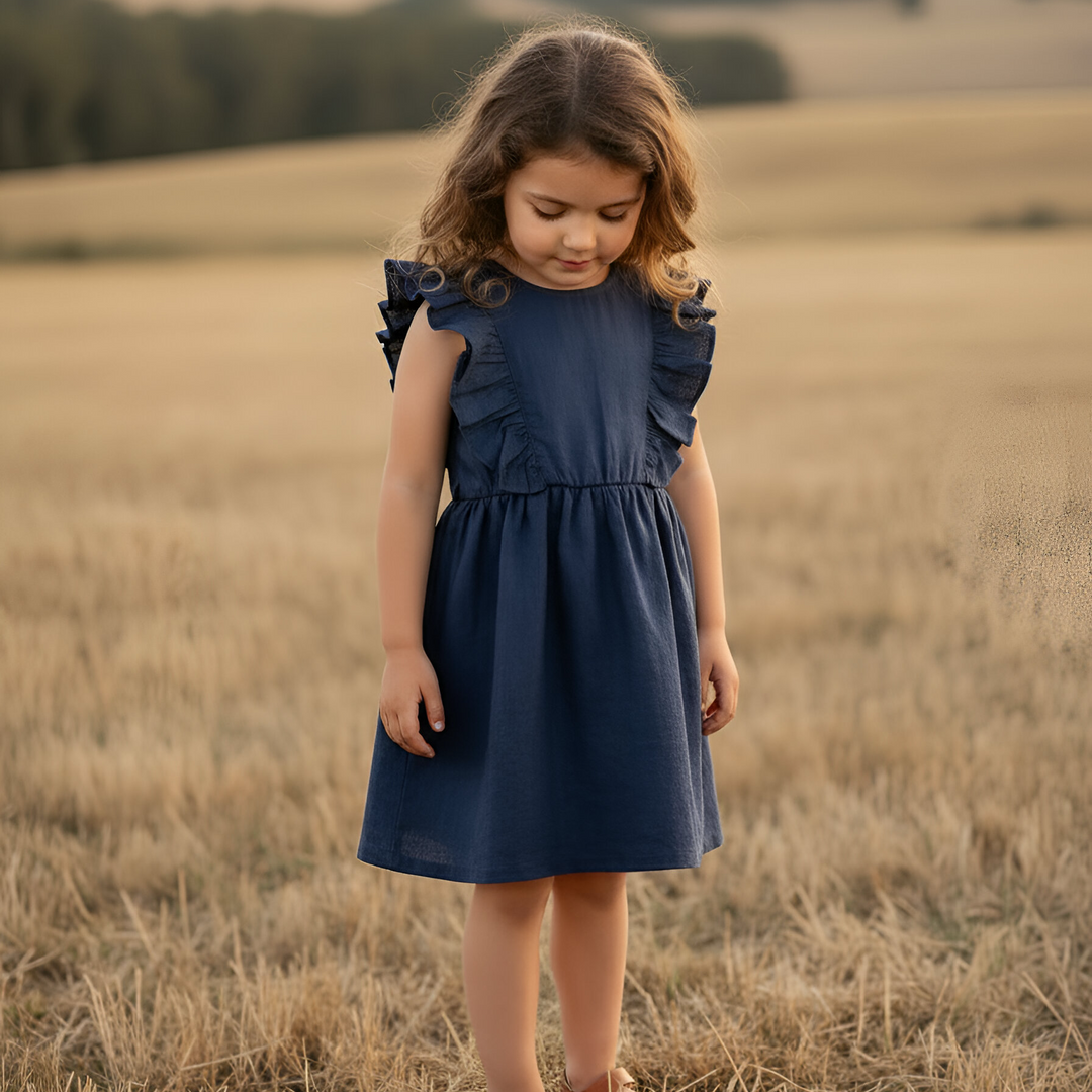 Girls Florence Summer Dress - Navy Linen