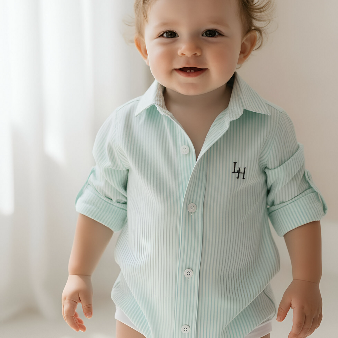 Baby Boys Oxford Dress Shirt Romper -  Mint Pinstripe 26