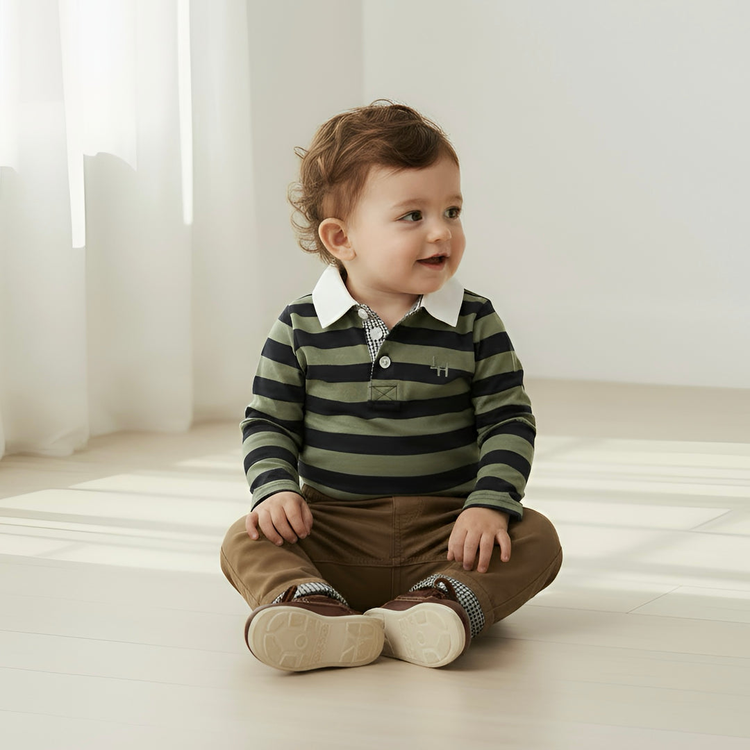Baby Boys Freddie Polo Romper - Olive/Navy Stripe