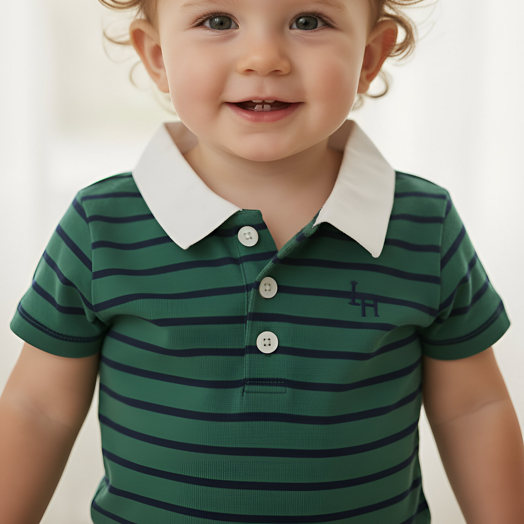 Baby Boys Rugby Polo Romper - Green Navy Stripe 26