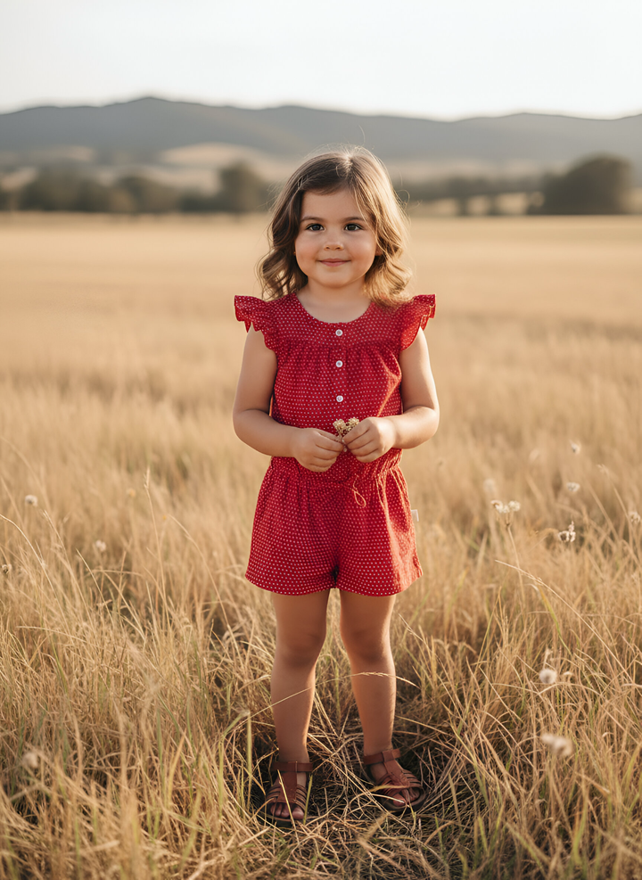 Girls Chloe Playsuit -  Red Polka Dots