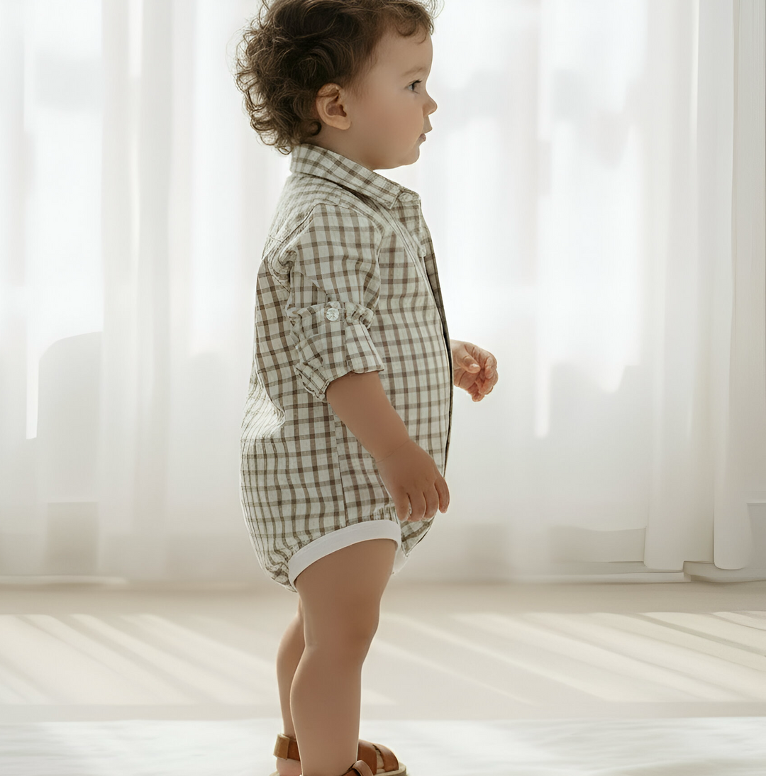 Baby Boys Oxford Dress Shirt Romper -  Tan Check 26