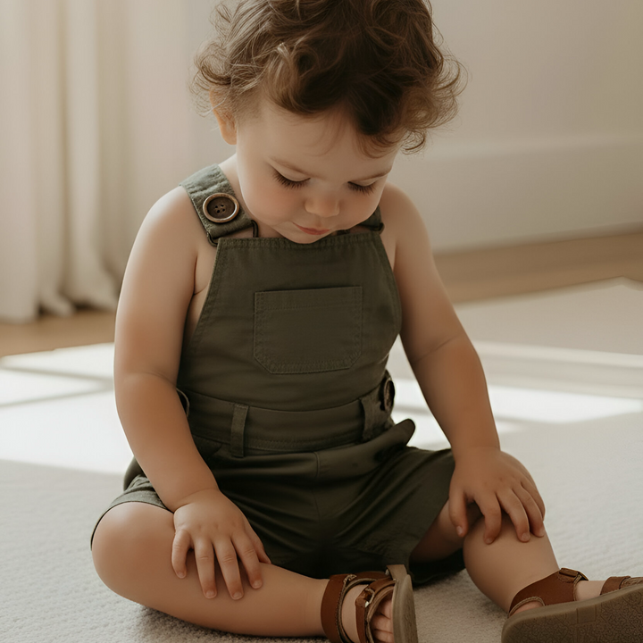 Baby Boys Roy Dungaree - Olive Brown Linen