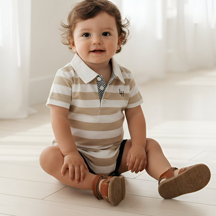 Baby Boys Rugby Polo Romper - Beige Stripe