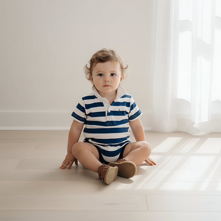 Baby Boys Rugby Polo Romper - Blue Stripe 26