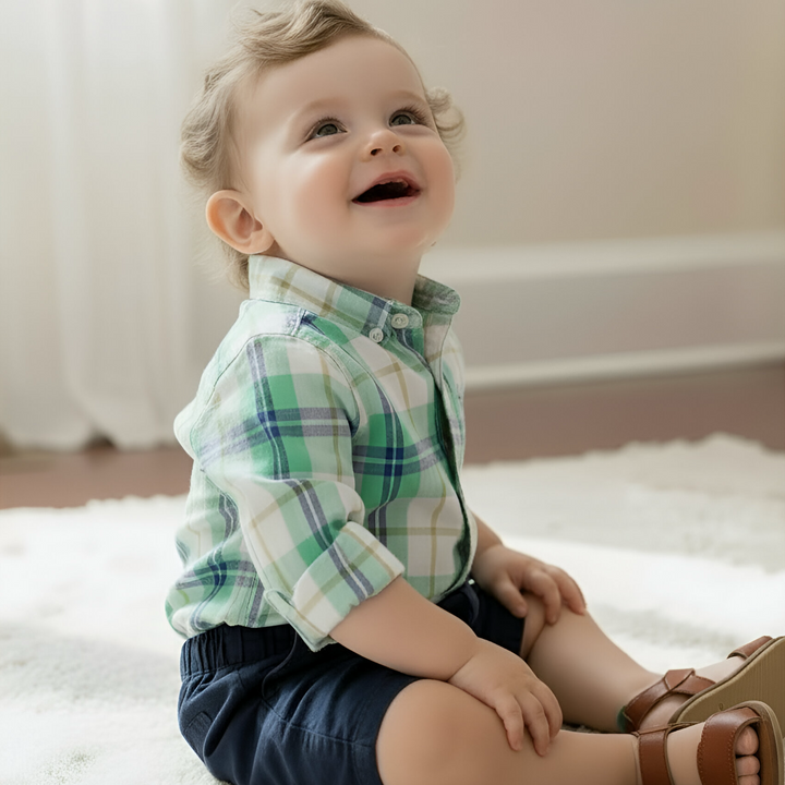 Baby Boys Dress Shirt Romper - Aqua Plaid 26