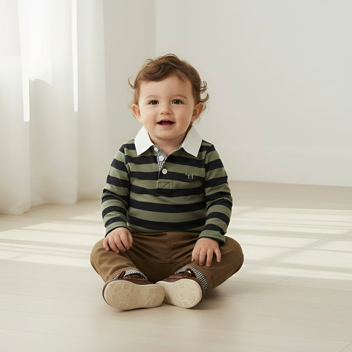 Baby Boys Freddie Polo Romper - Olive/Navy Stripe