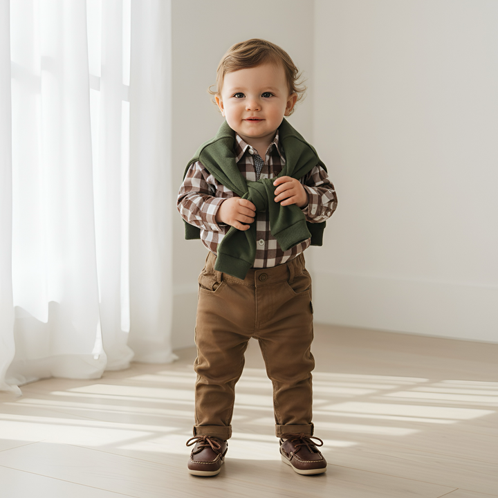 Baby Boys Dress Shirt Romper -  Large Chestnut Check