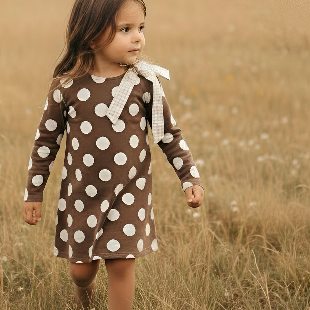 Girls Mary Dress -  Brown/White Spot