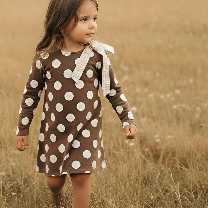Girls Mary Dress -  Brown/White Spot