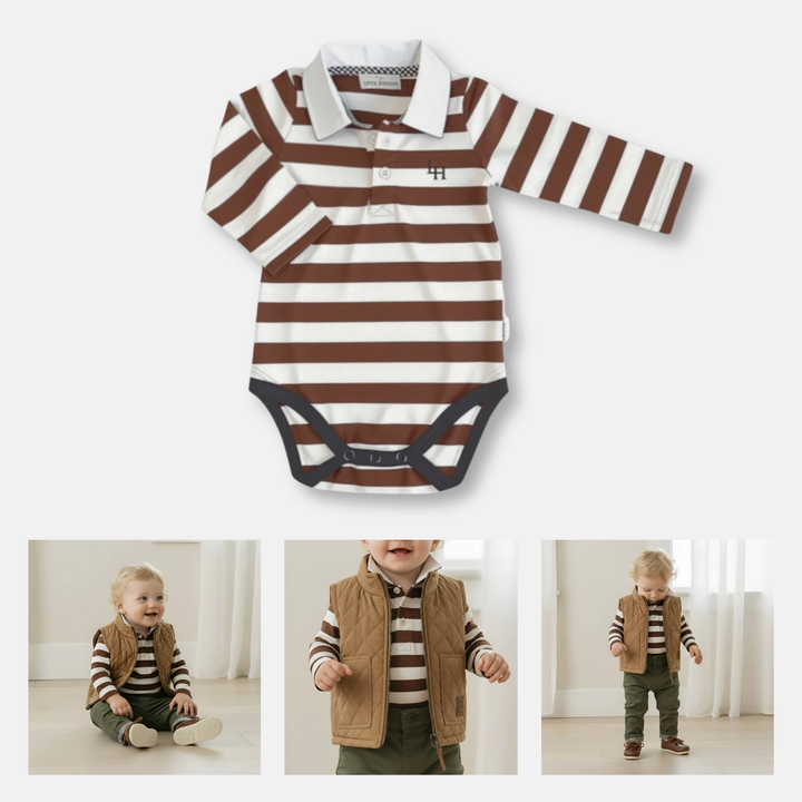 Baby Boys Freddie Polo Romper - Chestnut Stripe