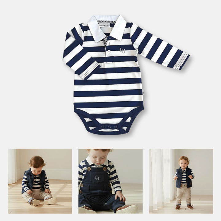 Baby Boys Freddie Polo Romper - Navy Stripe