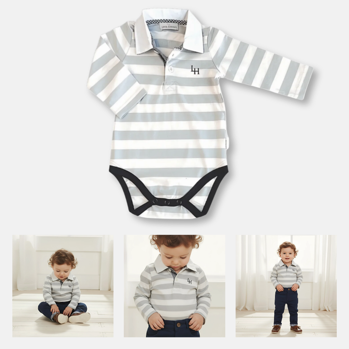 Baby Boys Freddie Polo Romper - Blue Stripe