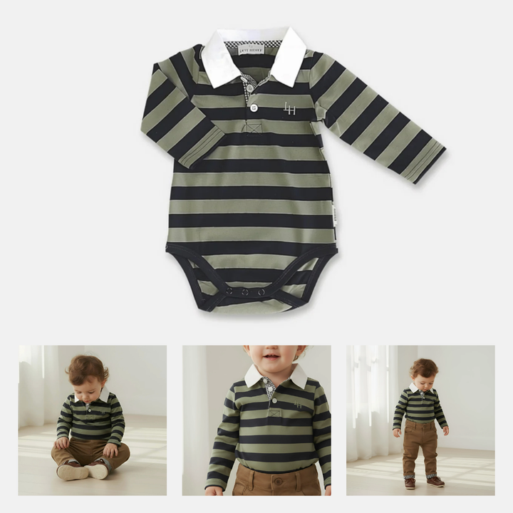 Baby Boys Freddie Polo Romper - Olive/Navy Stripe
