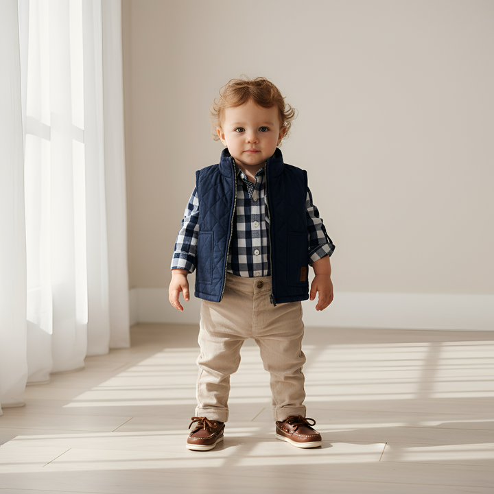 Baby Boys Dress Shirt Romper -  Large Navy Check