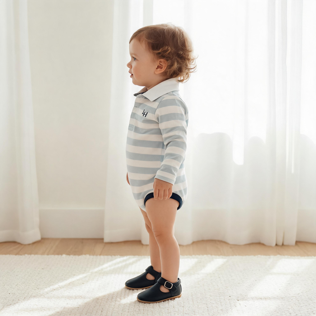Baby Boys Freddie Polo Romper - Blue Stripe