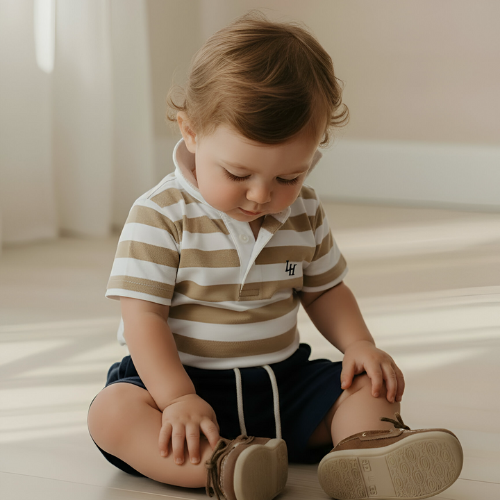Baby Boys Rugby Polo Romper - Beige Stripe