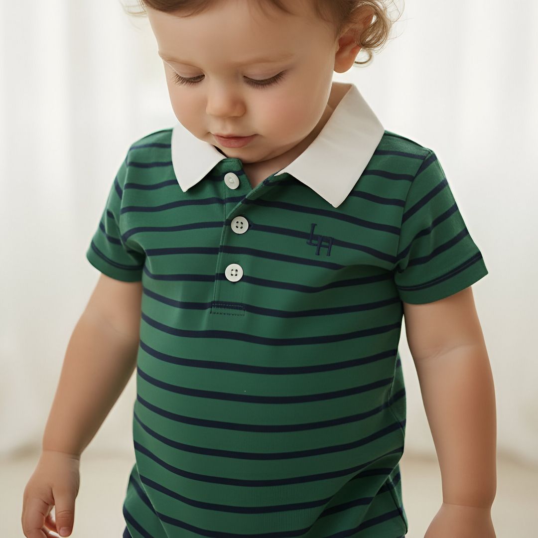 Baby Boys Rugby Polo Romper - Green Navy Stripe 26