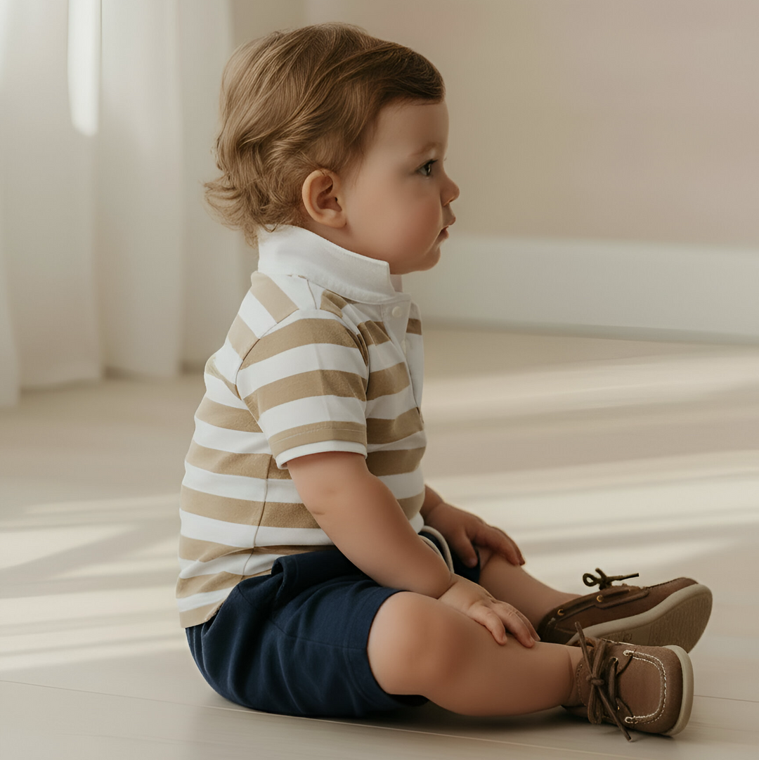 Baby Boys Rugby Polo Romper - Beige Stripe