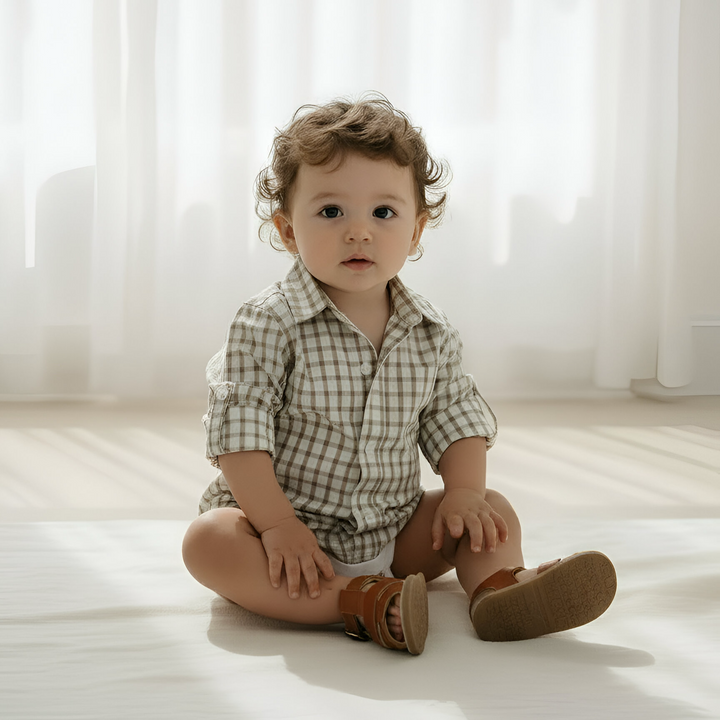Baby Boys Oxford Dress Shirt Romper -  Tan Check 26