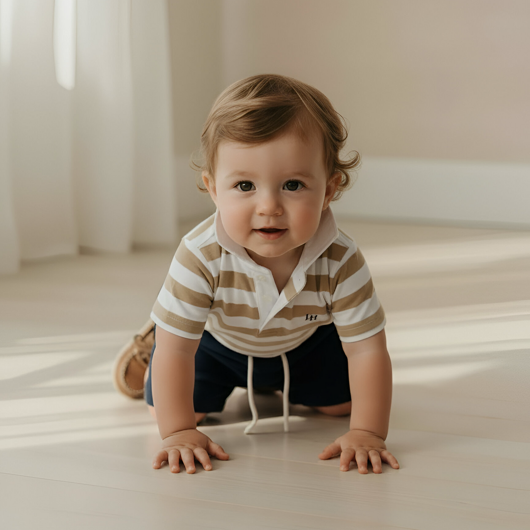 Baby Boys Rugby Polo Romper - Beige Stripe