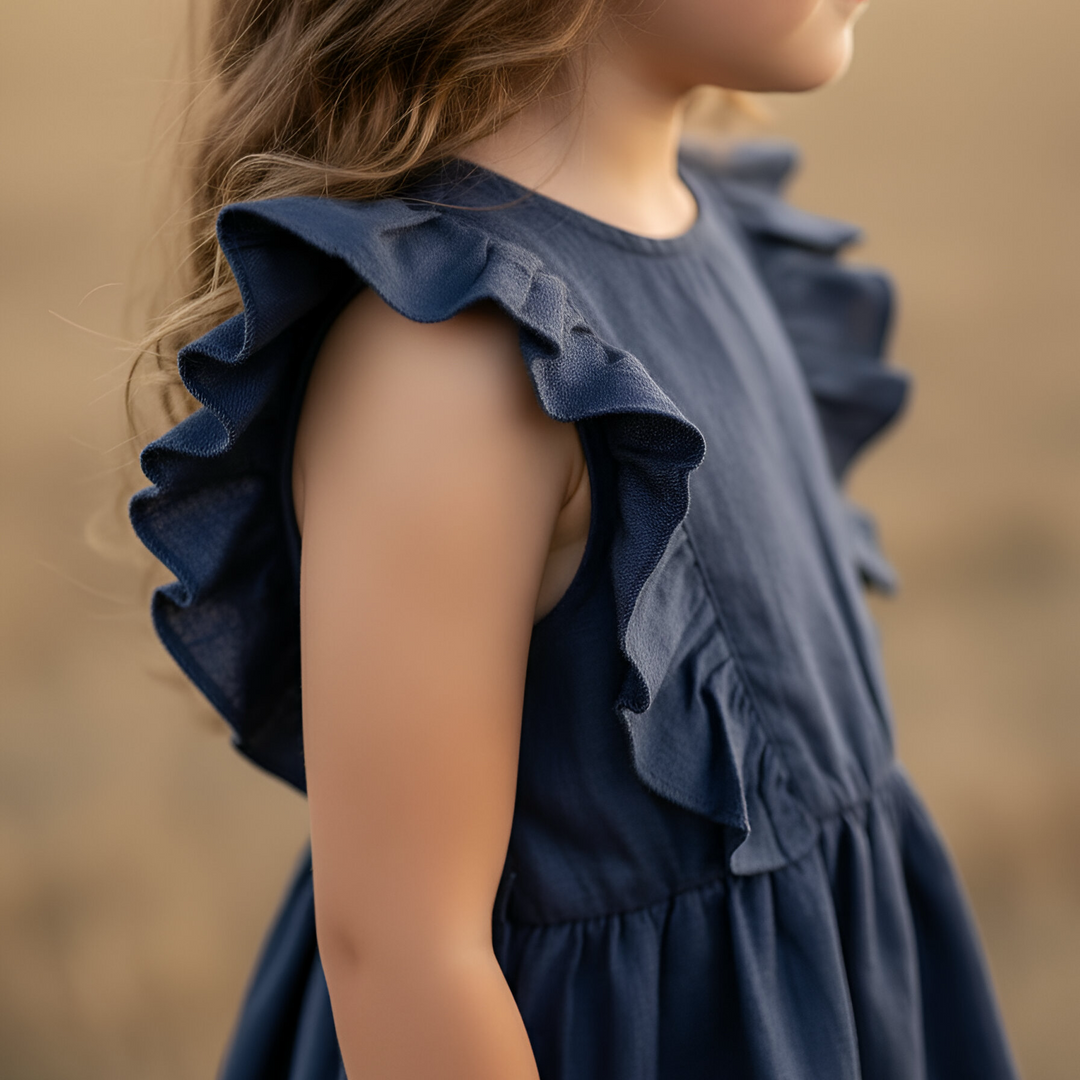 Girls Florence Summer Dress - Navy Linen