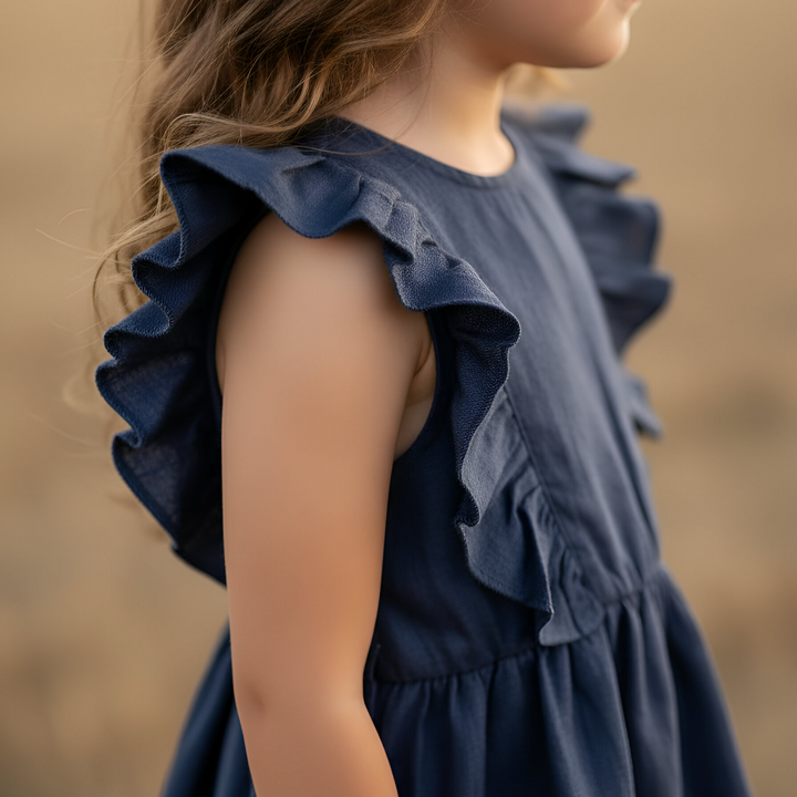 Girls Florence Summer Dress - Navy Linen