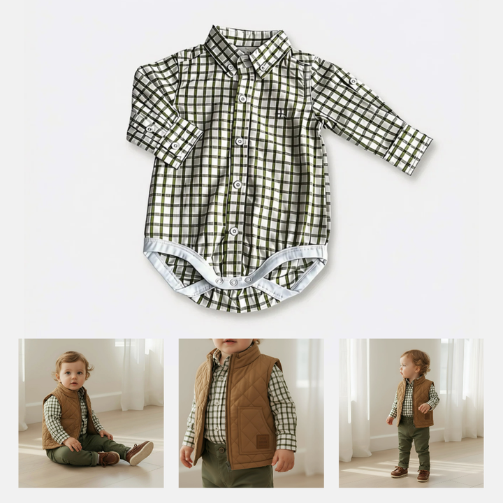 Baby Boys Oxford Shirt Romper - Olive Check