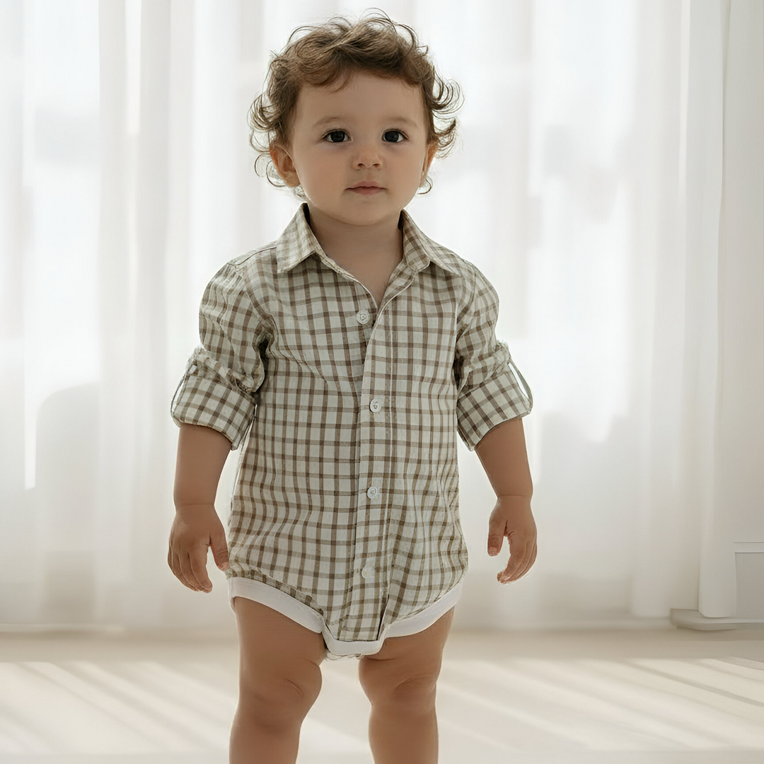 Baby Boys Oxford Dress Shirt Romper -  Tan Check 26