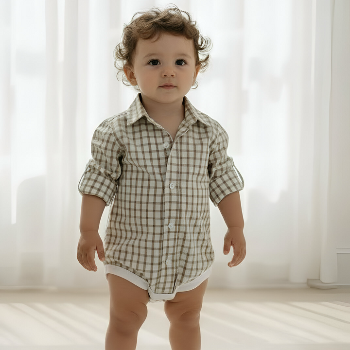 Baby Boys Oxford Dress Shirt Romper -  Tan Check 26