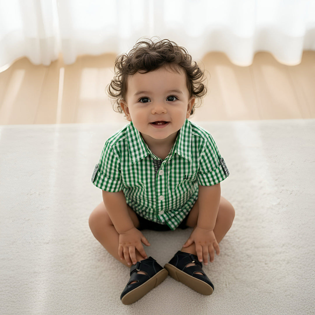 Baby Boys Dress Shirt Romper -  Bright Green Check