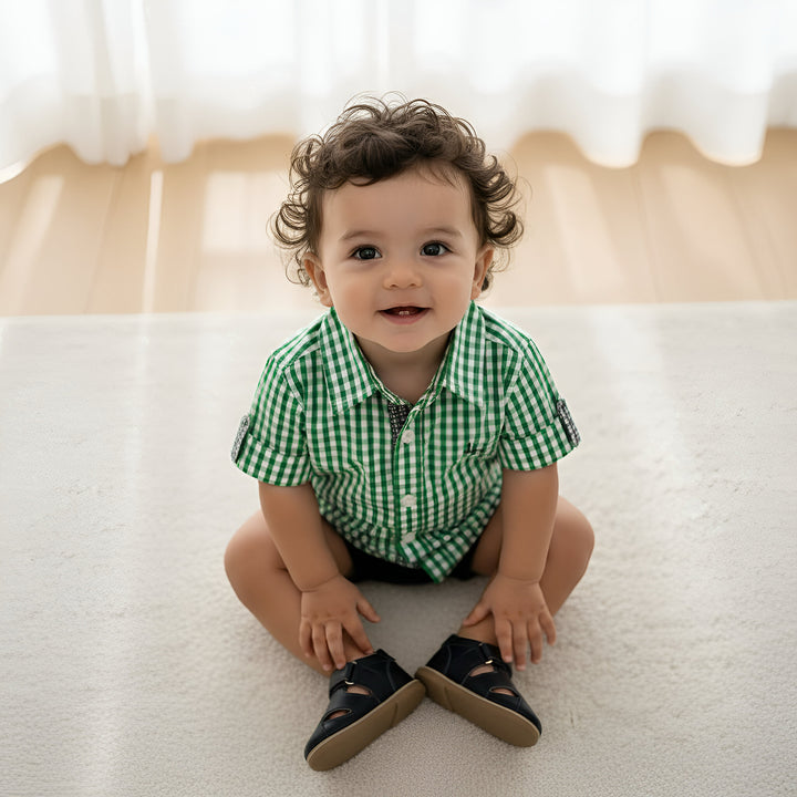 Baby Boys Dress Shirt Romper -  Bright Green Check