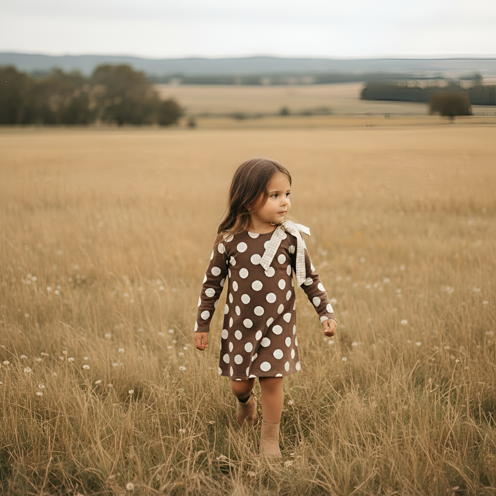 Girls Mary Dress -  Brown/White Spot