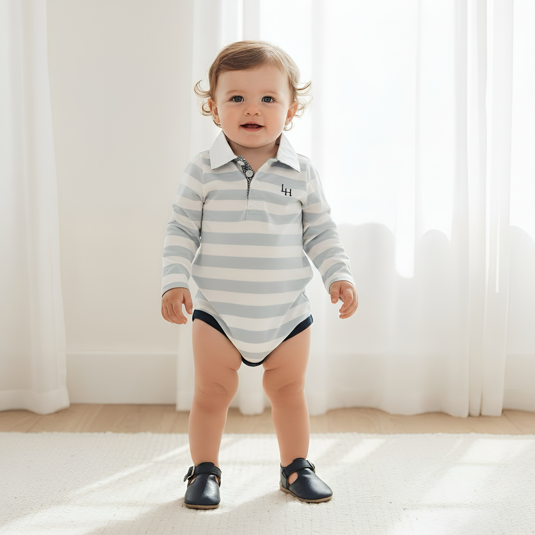 Baby Boys Freddie Polo Romper - Blue Stripe