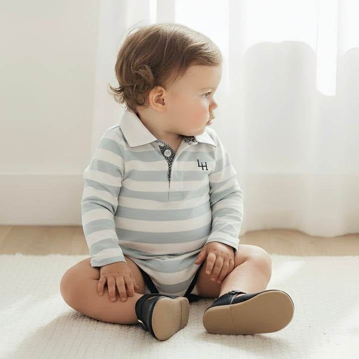 Baby Boys Freddie Polo Romper - Blue Stripe