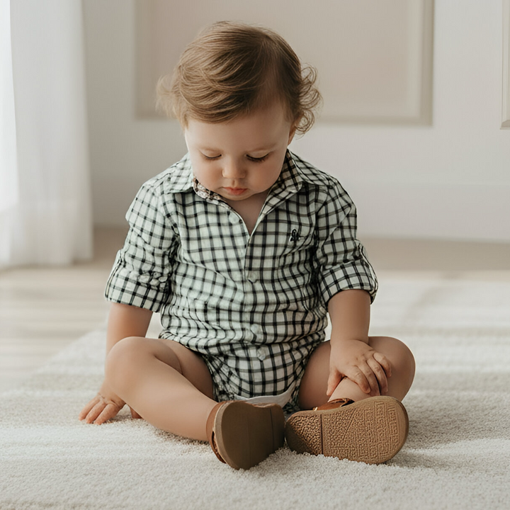 Baby Boys Oxford Dress Shirt Romper -  Green Check 26
