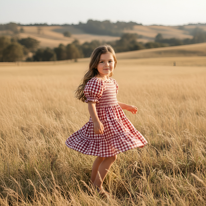 Girls Daisy Dress - Red Check 26
