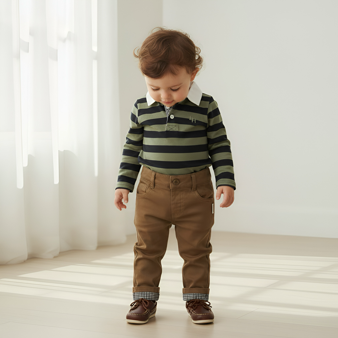 Baby Boys Freddie Polo Romper - Olive/Navy Stripe