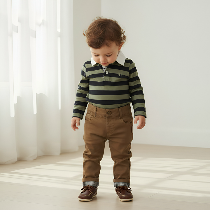 Baby Boys Freddie Polo Romper - Olive/Navy Stripe