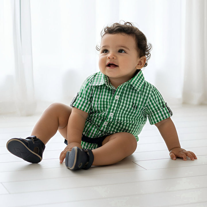 Baby Boys Dress Shirt Romper -  Bright Green Check