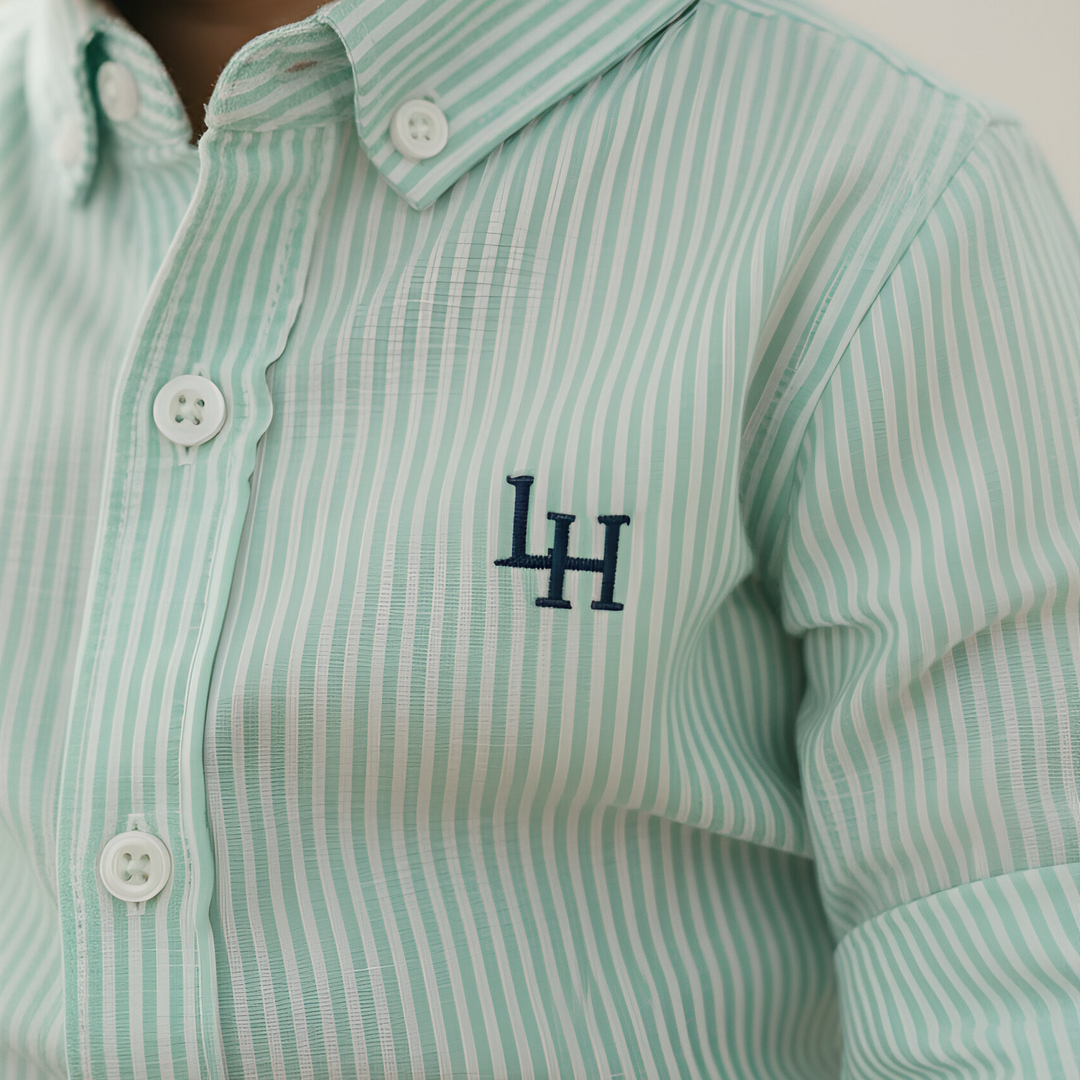 Baby Boys Oxford Dress Shirt Romper -  Mint Pinstripe 26