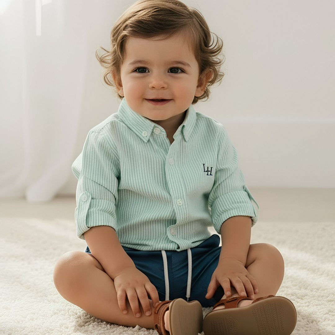 Baby Boys Oxford Dress Shirt Romper -  Mint Pinstripe 26
