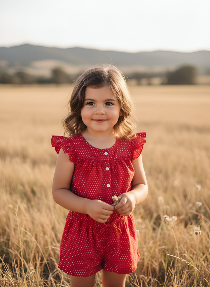 Girls Chloe Playsuit -  Red Polka Dots