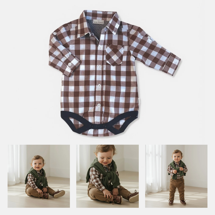Baby Boys Dress Shirt Romper -  Large Chestnut Check