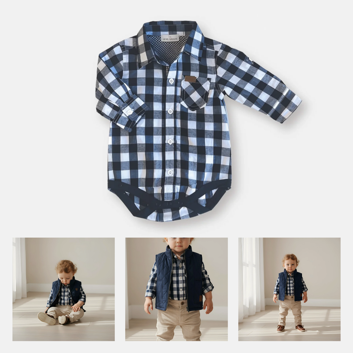 Baby Boys Dress Shirt Romper -  Large Navy Check