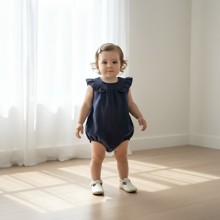 Baby Girls Neve Playsuit - Navy Linen