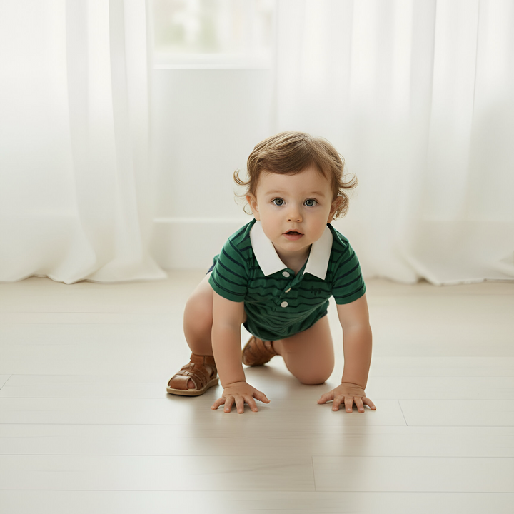Baby Boys Rugby Polo Romper - Green Navy Stripe 26